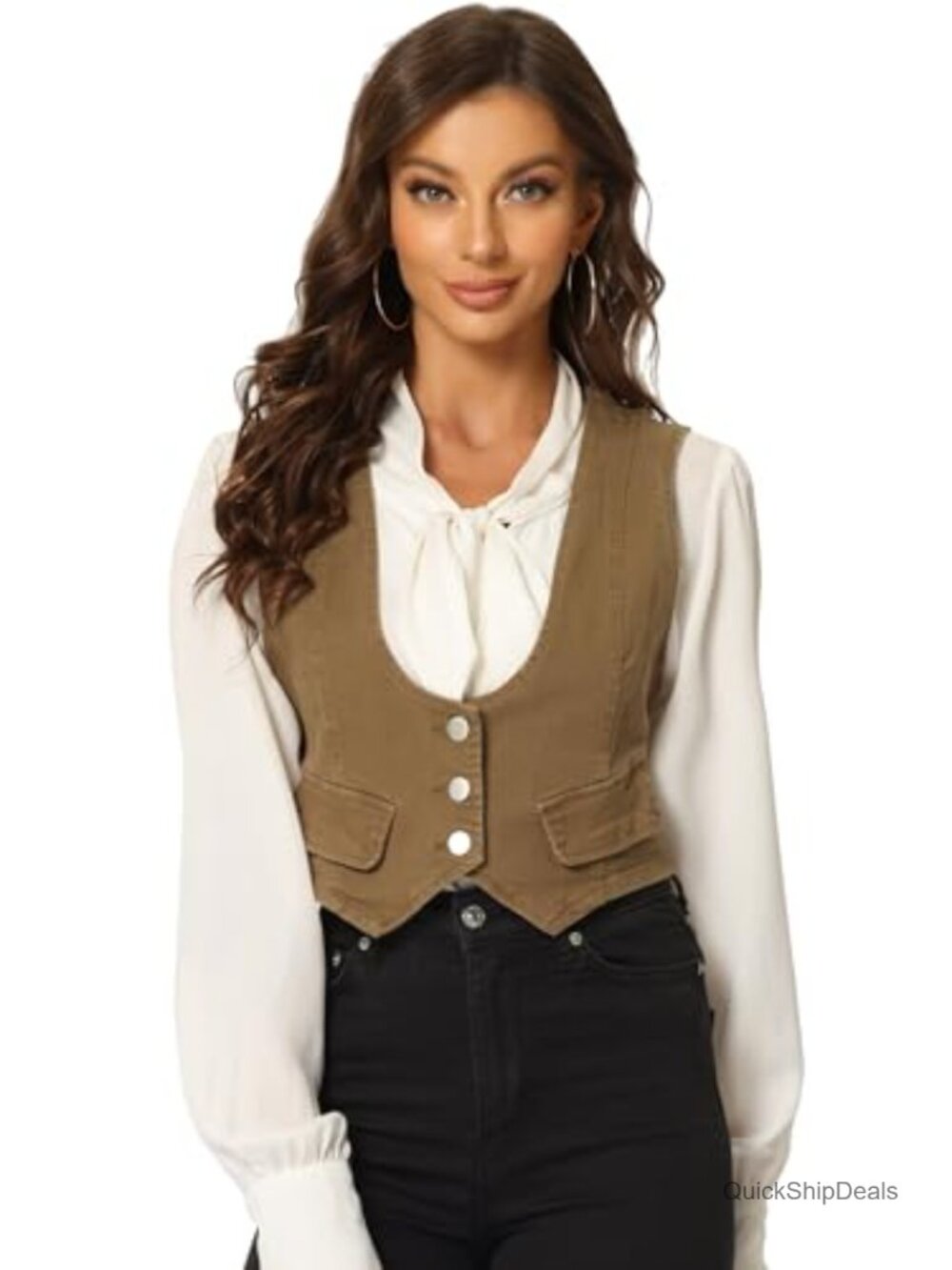 Sleeveless Button Front Cropped Denim Vest Faux Pockets Cinched Waist